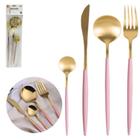 Conjunto de talheres de inox dourado com rosa com 16 peças - colheres sopa e sobremesa, faca e garfo