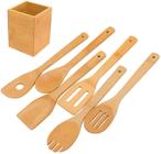 Conjunto de utensílios de cozinha cozinha - 6 peças Colheres de Madeira de Bambu &amp Espátulas e 1 Suporte como Presentes de Aquecimento da Casa, Resistente ao Calor para Panelas Antiaderente