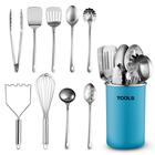 Conjunto de utensílios de cozinha de aço inoxidável - 10 peças premium Nonstick & Heat Resistant Kitchen Gadgets, Turner, Spaghetti Server, Concha, Servindo Colheres, Whisk, Tongs, Purê de Batata e Suporte de Utensílios - FineDine