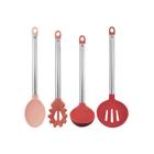 Conjunto de utensilios trendy com 4 peças em aço inox e silicone rosa - hercules