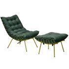 Conjunto Decorativo Poltrona e Puff Abel Base de Ferro Dourada Suede Verde G41 - Gran Belo