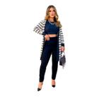 Conjunto Feminino 3 Peças Calça Cropped Cardigan Listrado Longo Frio Outono Inverno Social Elegante Casual dia a dia