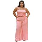 Conjunto feminino casual elegante cropped sem alça e pantalona wide leg duna liso 44 ao 54 - Top elastex e Calça
