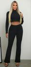 Conjunto feminino cropped gola e calça flare canelado power