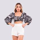 Conjunto Feminino Cropped Manga Longa Short Cintura Alta