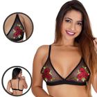 Conjunto Feminino de Tule Preto Bordado com Flôr Vermelha