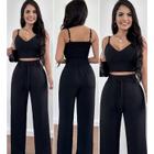 Conjunto feminino duna areia calça pantalona e cropped com bojo Alça regulagem alfaiataria