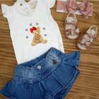 Conjunto feminino infantil shorts jeans e body cor creme marca bela fase moda bebê