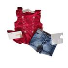 Conjunto feminino infantil verão shorts jeans e blusinha cor vermelho ou creme marca bela fase moda bebê