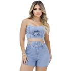 Conjunto Feminino Jeans Cropped e Shorts Com Elastano Strech Modinha Balada