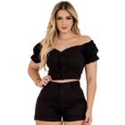 Conjunto Feminino PT Jeans Cropped e Short Preto Moda Blogueira