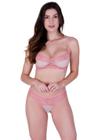 Conjunto fio sexy transparente sem bojo em tule e renda de poliamida rosa romance