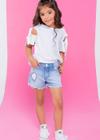 Conjunto Gabriela Aquarela Short Jeans Coração Bordado e Blusa Lacinho nas Mangas