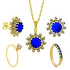 Conjunto Girassol Gargantilha Solitário Brincos Meia Aliança Azul Safira Banhado Ouro Amarelo 18 k - KIT16442