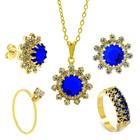 Conjunto Girassol Solitário Gargantilha Brincos Aliança Azul Safira Banhado Ouro Amarelo 18 k - KIT16439