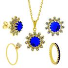 Conjunto Girassol Solitário Gargantilha Brincos Aparador Azul Safira Banhado Ouro Amarelo 18 k - KIT16435