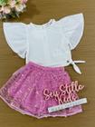 Conjunto Infantil Animê Verão Saia Rosa Tule e Blusa Branca