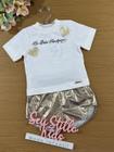 Conjunto Infantil Animê Verão Shorts Metalizado Dourado e Blusa Coração