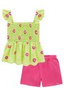 Conjunto Infantil Blusa Bata Alça em Tricoline Bordado Florzinhas e Shorts em Sarja Pita - Infanti