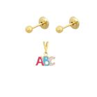 Conjunto Infantil Brinco Bola e Pingente ABC Banhado a Ouro