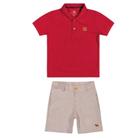 Conjunto Infantil Camiseta Polo Manga Curta Charpey Vermelha Bermuda Em Linho Masculino
