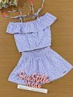 Conjunto Infantil Catavento Verão Shorts e Blusa Azul Listrada com Florzinhas