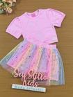 Conjunto Infantil Cinti Verão Saia Tule Arco Íris e Blusa Rosa