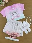 Conjunto Infantil Cinti Verão Shorts Saia e Blusa Gatinha Com Bolsinha