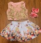 Conjunto Infantil Cropped e Saia preto c rosa florestaTemático