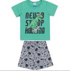 Conjunto infantil curto camiseta regata verde dino e bermuda preto com bolso lateral