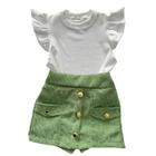 Conjunto Infantil Feminino Blusa Babadinho com short Saia Aveludado Bolsos Falsos e Botões Frontais