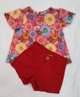 Conjunto Infantil Feminino Blusa Estampas Margaridas + Short Vermelho