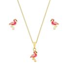 Conjunto Infantil Flamingo Resinado Brinco E Colar Dourado