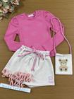 Conjunto Infantil Kukiê Inverno Short Saia e Blusa Rosa Brilhos com Bolsinha