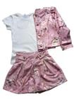 Conjunto Infantil Longo, Blusa Lisa, Short e Casaco Floral, 3 Peças KiKi XoDó