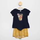 Conjunto Infantil Menina Blusa + Shorts Tropical (Azul Marinho e Amarelo) HERING KIDS