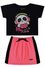 Conjunto Infantil Menina Panda Preto e Saia Rosa Neon