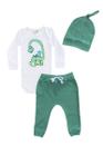 Conjunto Infantil Menino Body Branco Dino + Calça Verde e Touca - Lumagy