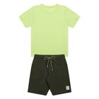 Conjunto Infantil Menino, Camiseta Flamê Verde Fluor e Bermuda Verde Militar