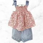 Conjunto Infantil para Menina Floral Blusa Alcinha e Shorts Azul Casual e Fofo