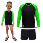 Conjunto Infantil Praia Menino Proteção UV 50+ Camisa e Sunga Boxer Preto e Verde Neon