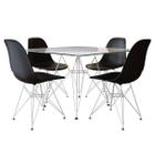 Conjunto Jantar Eames de Ferro Branco e Tampo Quadrado Vidro 90cm 4 Cadeiras Pretas