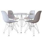 Conjunto jantar eames de ferro branco tampo redondo vidro 90cm 4 cadeiras brancas