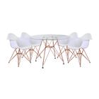 Conjunto Jantar Mesa Redonda Vidro Eames Eiffel 90cm com 4 Poltronas Brancas Ferro Cobre