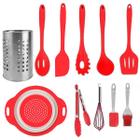 Conjunto Jogo Colheres Utensílios Silicone Maciço Vermelho 11 Peças - Clink