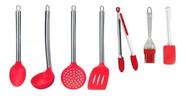 Conjunto Jogo Kit Colher Silicone Cozinha 7 Peças Vermelho Cabo Inox