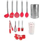 Conjunto Kit Jogo Colheres Silicone Utensílios Vermelho Escorredor 16 Peças