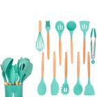 Conjunto Kit Utensílios de Cozinha 11 Peças Antiaderente Em Silicone E Cabo De Madeira Ecológico