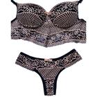 Conjunto Lingerie Cropped Luxo Sensual Renda Preto/Rosa