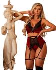 Conjunto Lingerie Glamour Soutiã Com Bojo Veludo e Renda Feminino Corselet